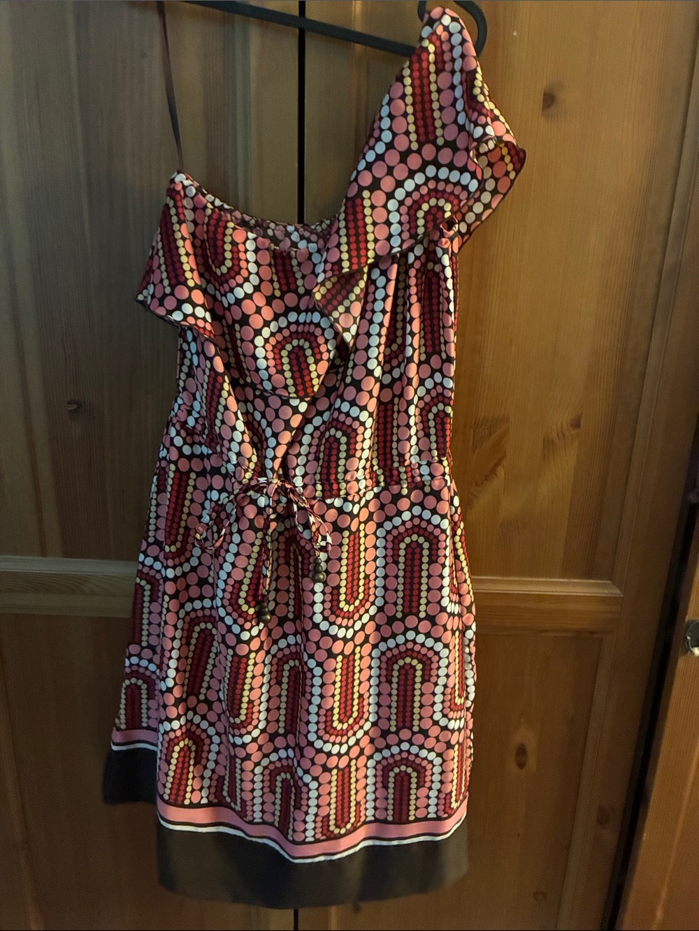New York & Company Pink One-Shoulder Geometric Dot Dress
